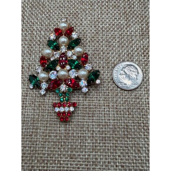 Vintage Eisenberg Ice Christmas Tree Brooch Rhinestones & Faux Pearls Signed - Picture 5 of 8